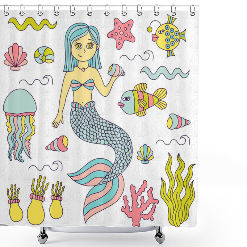 Personality  Mermaid Fish Sea Ocean Doodles Vector Set Shower Curtains