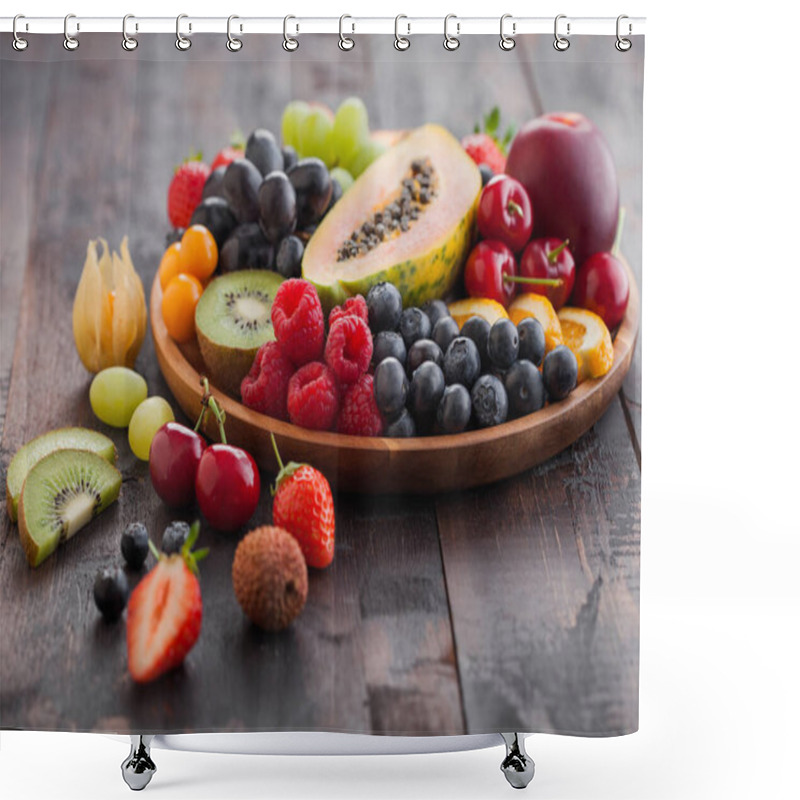 Personality  Fresh Raw Organic Summer Berries And Exotic Fruits In Round Wooden Plate On Dark Wooden Kitchen Background. Papaya, Grapes, Nectarine, Orange, Raspberry, Kiwi, Strawberry, Lychees, Cherry. Top View Shower Curtains