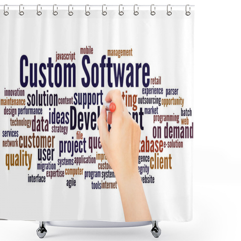 Personality  Custom Software Development Word Cloud Hand Writing Concept On White Background. Shower Curtains