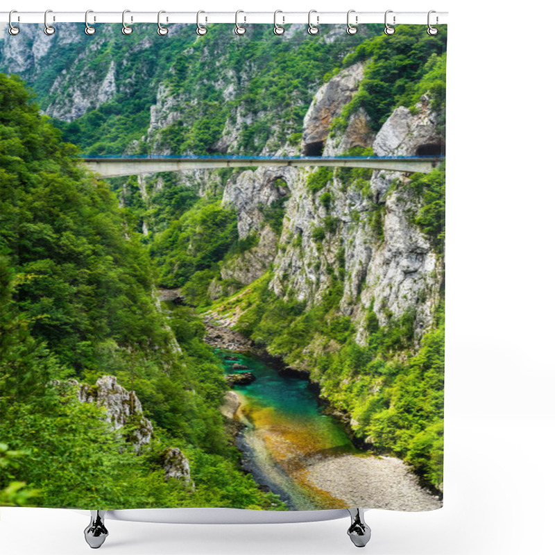 Personality  Bridge Between Mountains Above Beautiful Piva River In Piva Canyon In Montenegro Shower Curtains