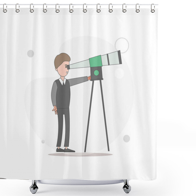 Personality  Man Looking Through Telescope Vector Flat Illustration On White Shower Curtains