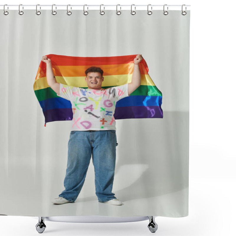 Personality  A Smiling Queer Person Holds A Rainbow Flag High, Celebrating Pride And Individuality. Shower Curtains