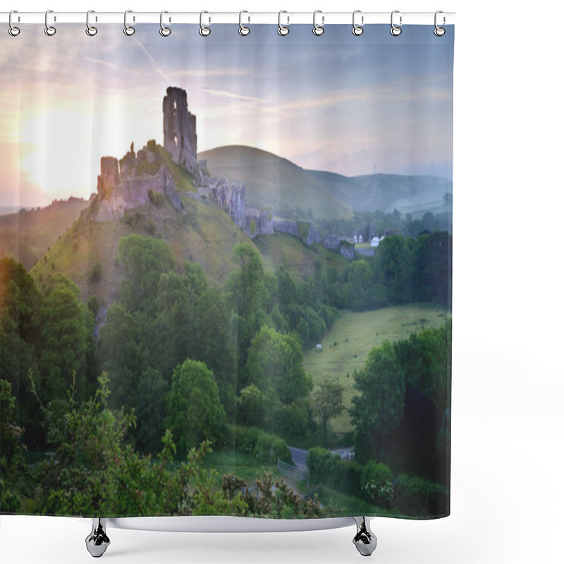 Personality  Romantic Fantasy Magical Castle Ruins Against Stunning Sunrise Shower Curtains