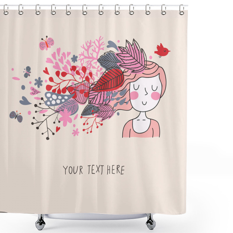 Personality  Beautiful Girl With Fairy Hair Made Of Flowers And Leafs In Vector Shower Curtains