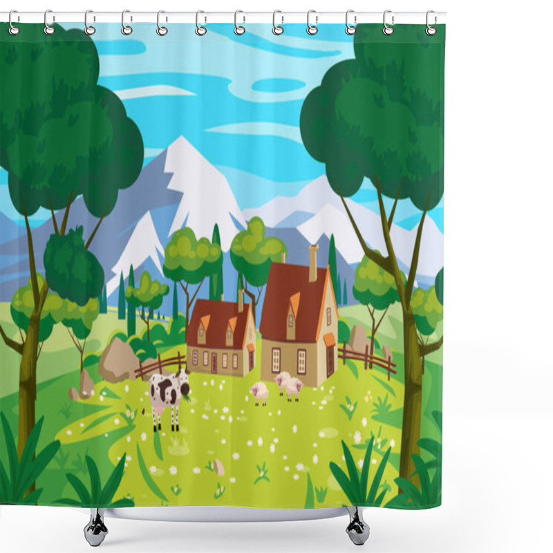 Personality  Rural Landscape Farm Scenery View, Mountaines, Green Meadow, Flowers, Trees. Countryside Nature, Cow, Sheeps, Buildings. Vector Illustration Shower Curtains