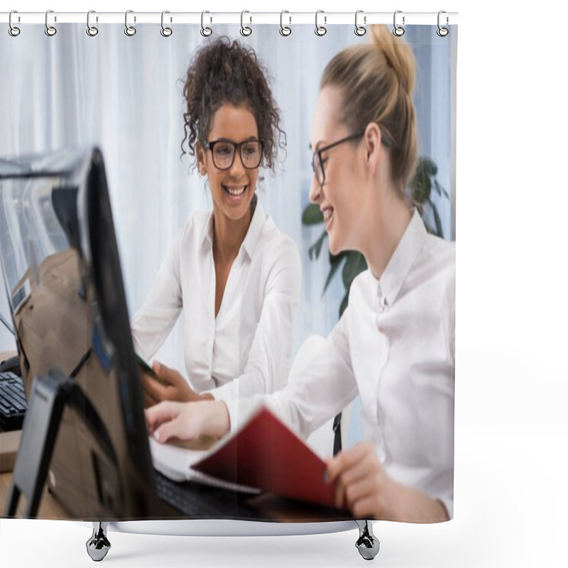 Personality  Young Attractive Teenager Girls Studying On Computers Shower Curtains