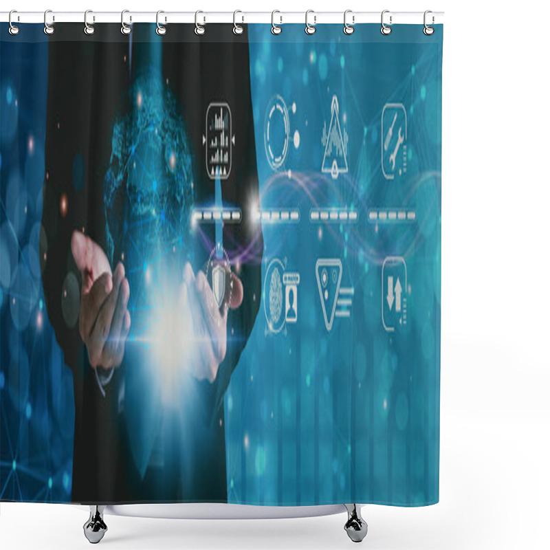 Personality  Businessman Holding Earth Hologram,analysis Business And Economic Data Growth Network Diagram Communication Technology,financial Banking,digital Marketing Strategy,business Finance Corporate Concept Shower Curtains