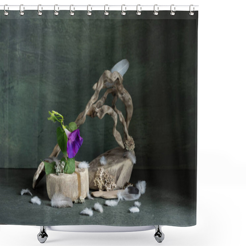 Personality  Design, Composition, Ikebana, Still Life Of Summer Wildflowers, Tree Roots, Apples, Plums, Bird Feathers, Flowers Shower Curtains