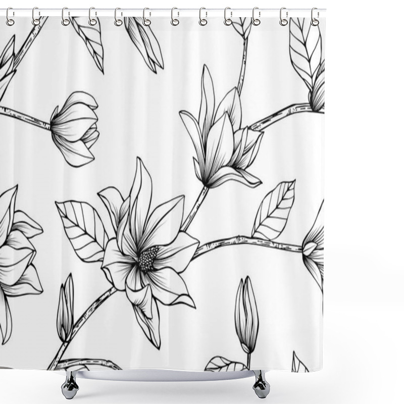 Personality  Seamless Magnolia Flower Pattern Background. Black And White With Drawing Line Art Illustration. Shower Curtains