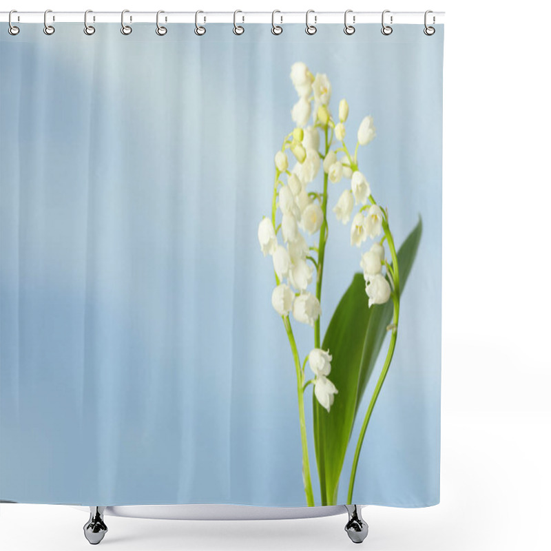 Personality  Beautiful Lily Of The Valley Flowers Against Blue Sky, Closeup. Space For Text Shower Curtains