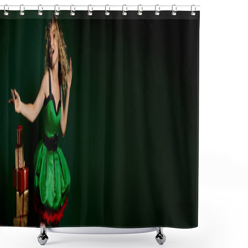 Personality  Jolly Woman In Elf Costume Gesturing With Arms Posing Near Pile Of Gifts On Green Backdrop, Banner Shower Curtains