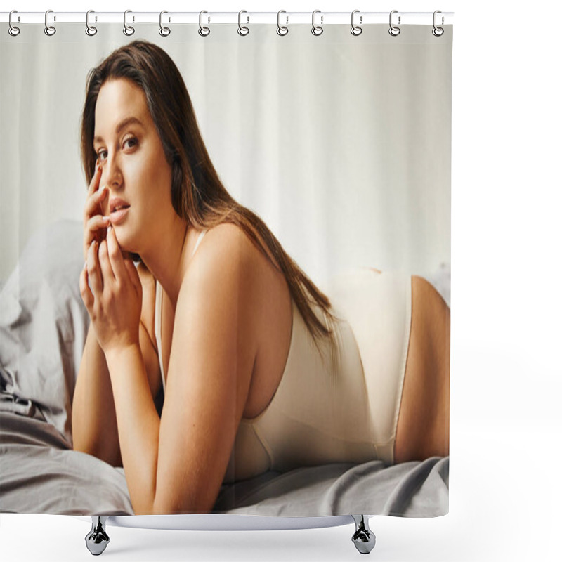 Personality  Brunette Woman With Plus Size Body And Natural Makeup Wearing Beige Bodysuit And Resting On Bed With Grey Bedding While Looking At Camera, Body Positive, Figure Type, Body Diversity  Shower Curtains