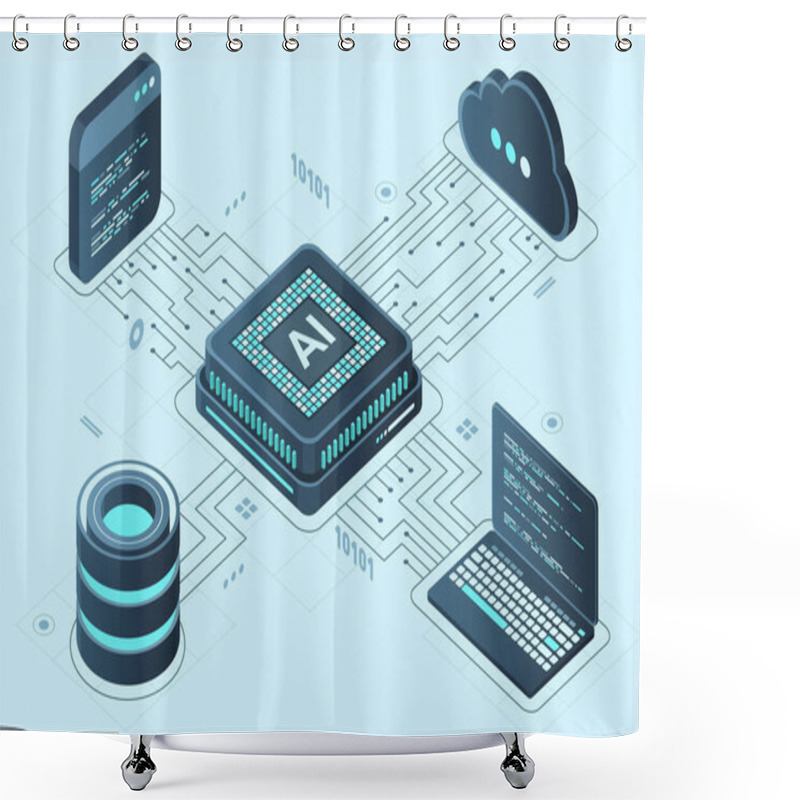 Personality  Isometric Artificial Intelligence Chip Concept. Artificial Intelligence Server. Futuristic Microchip Processor. Isometric Cloud Computing. Vector Illustration Shower Curtains