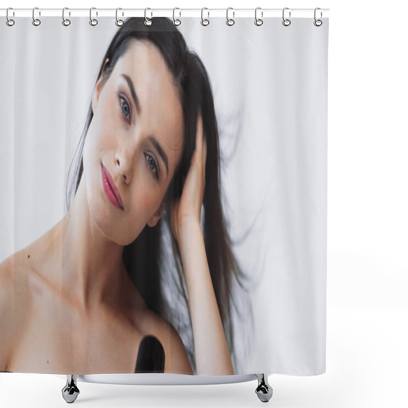 Personality  Young Woman Drying Hair While Looking At Camera Isolated On White Shower Curtains