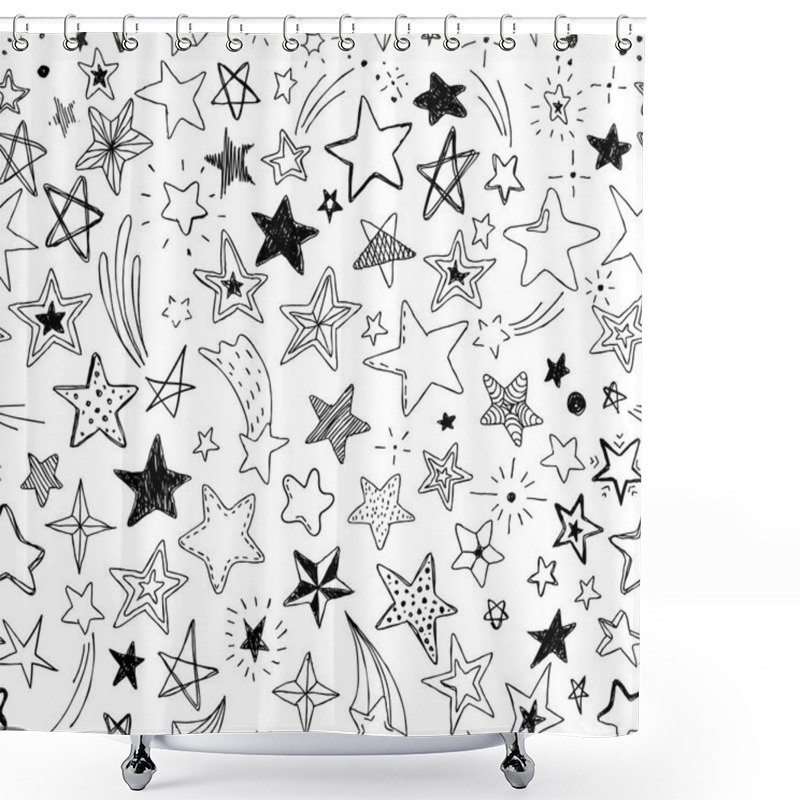 Personality  Beautiful Seamless Pattern Hand Drawn Doodle Stars Black And White Isolated On Background Shower Curtains