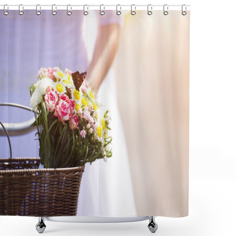 Personality  Bride On A Bike With Bouquet Of Flowers Shower Curtains