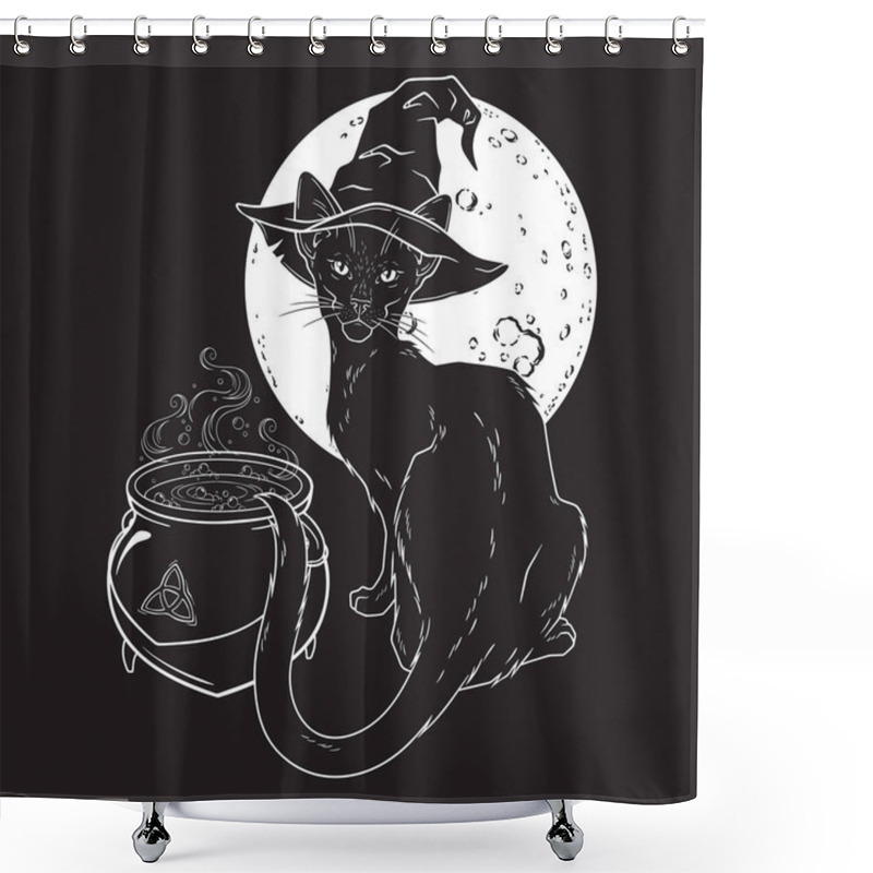 Personality  Black Cat With Pointy Witch Hat Line Art And Dot Work. Witch Familiar Spirit, Halloween Or Pagan Witchcraft Theme Tapestry Print Design Vector Illustration. Shower Curtains