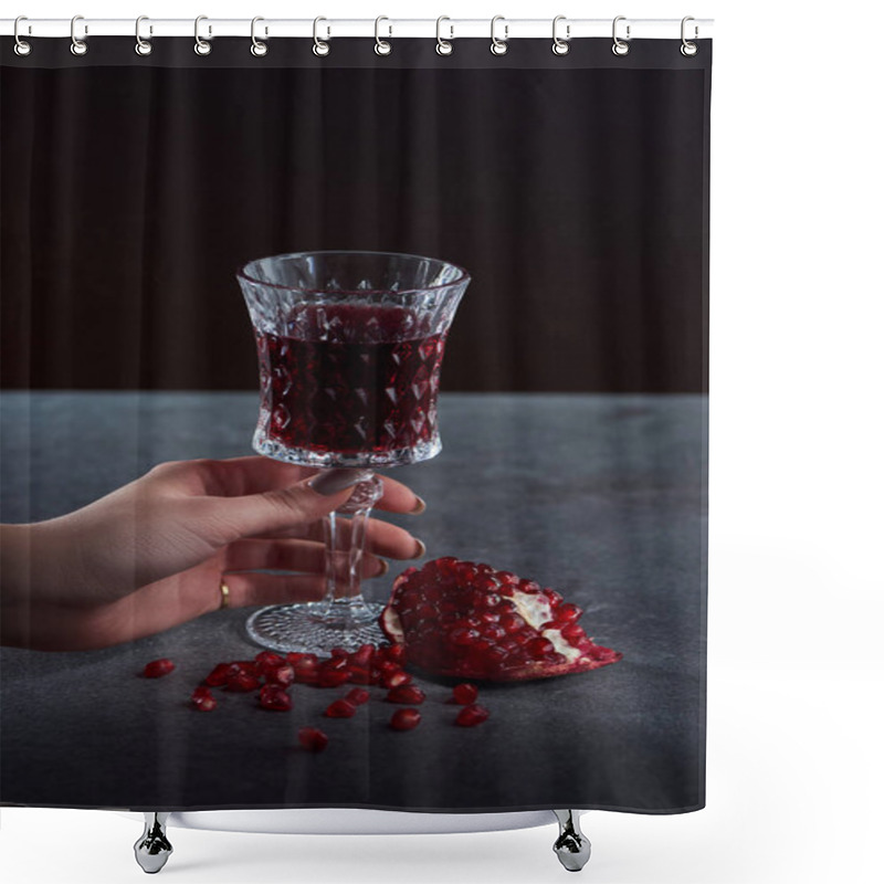 Personality  Partial View Of Woman Holding Wineglass Of Garnet Juice Shower Curtains