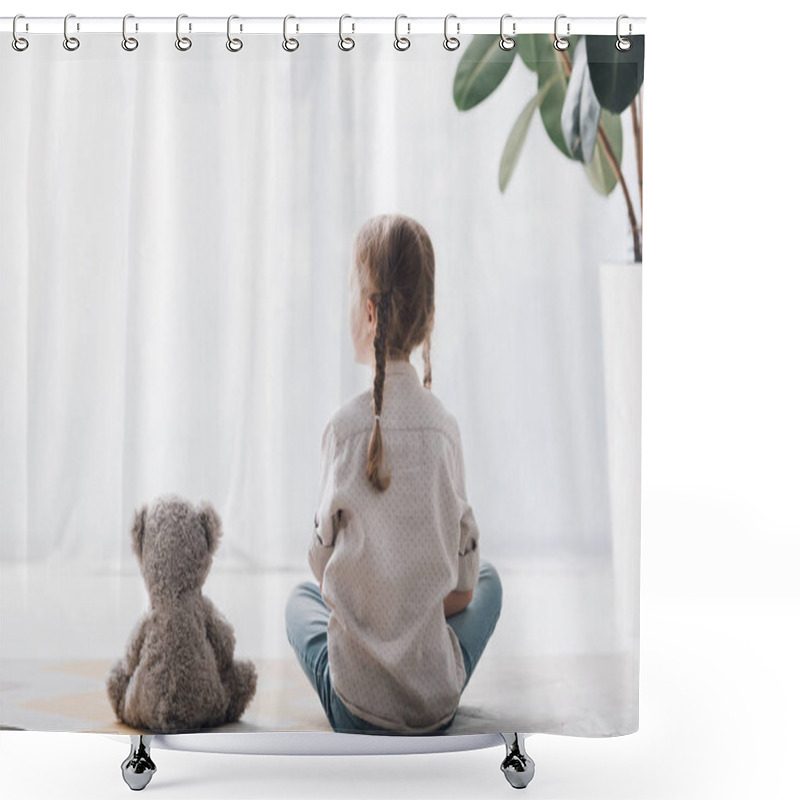 Personality  Rear View Of Little Child Sitting On Floor With Teddy Bear And Looking Away Shower Curtains