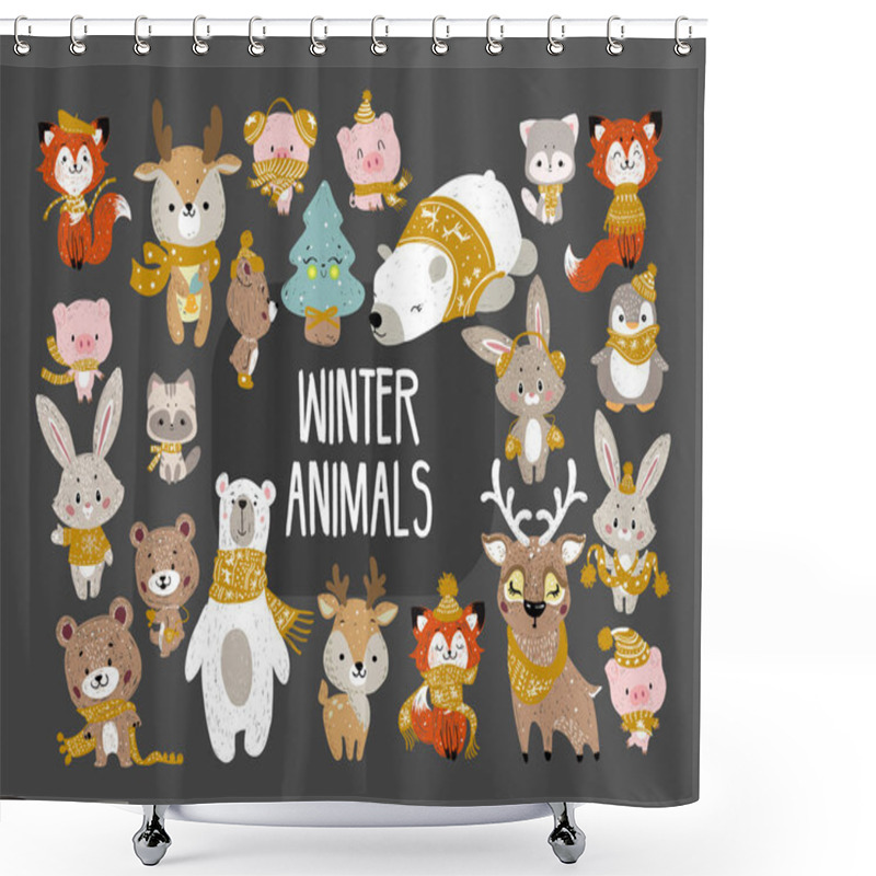 Personality  Set Of Cute Cartoon Character Illustration For Christmas And New Year Celebration. Winter Woodland Animals In A Scarf Snd Hat. Vector Set. Shower Curtains