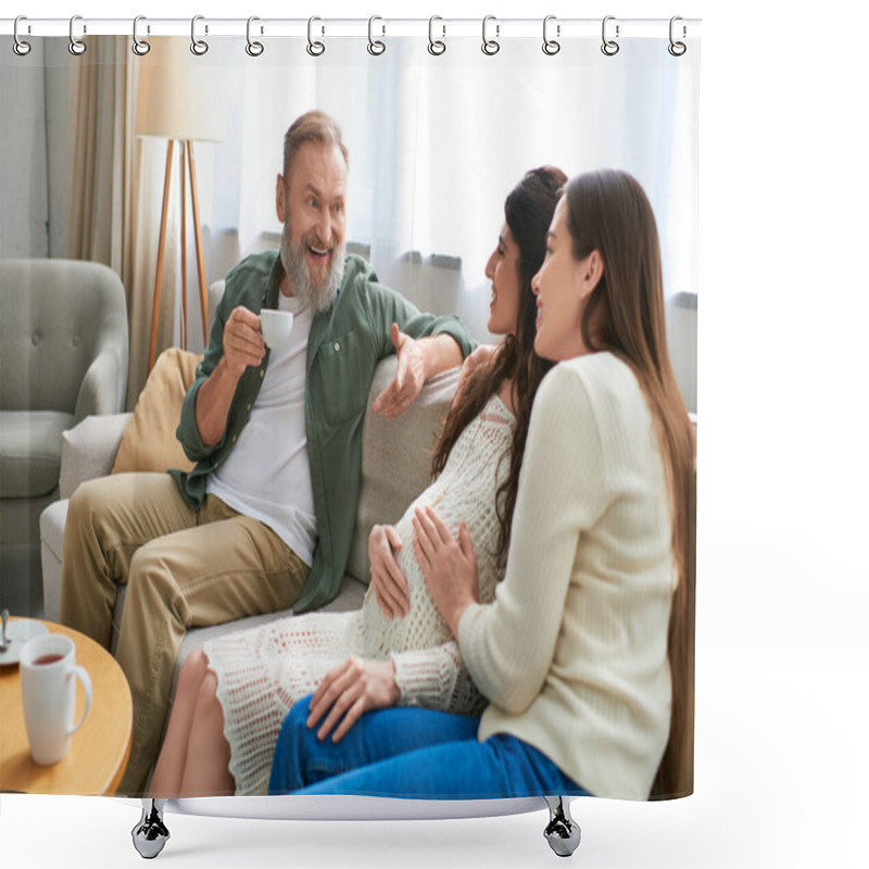 Personality  Cheerful Father Paid Visit To His Lesbian Daughter And Her Partner Sitting On Sofa, Ivf Concept Shower Curtains