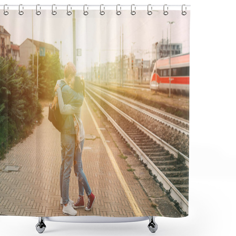 Personality  Two Young Women Hugging Train Platform - Farewell, Saying Goodbye, Sad Concept Shower Curtains