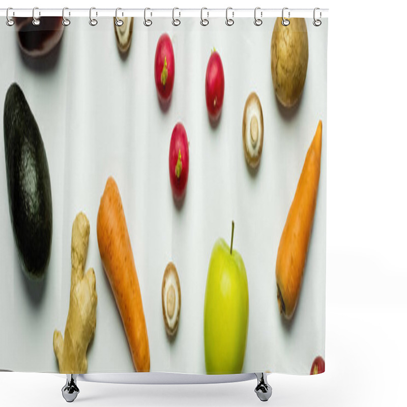 Personality  Top View Of Ripe Fruits And Vegetables On White Background, Banner  Shower Curtains