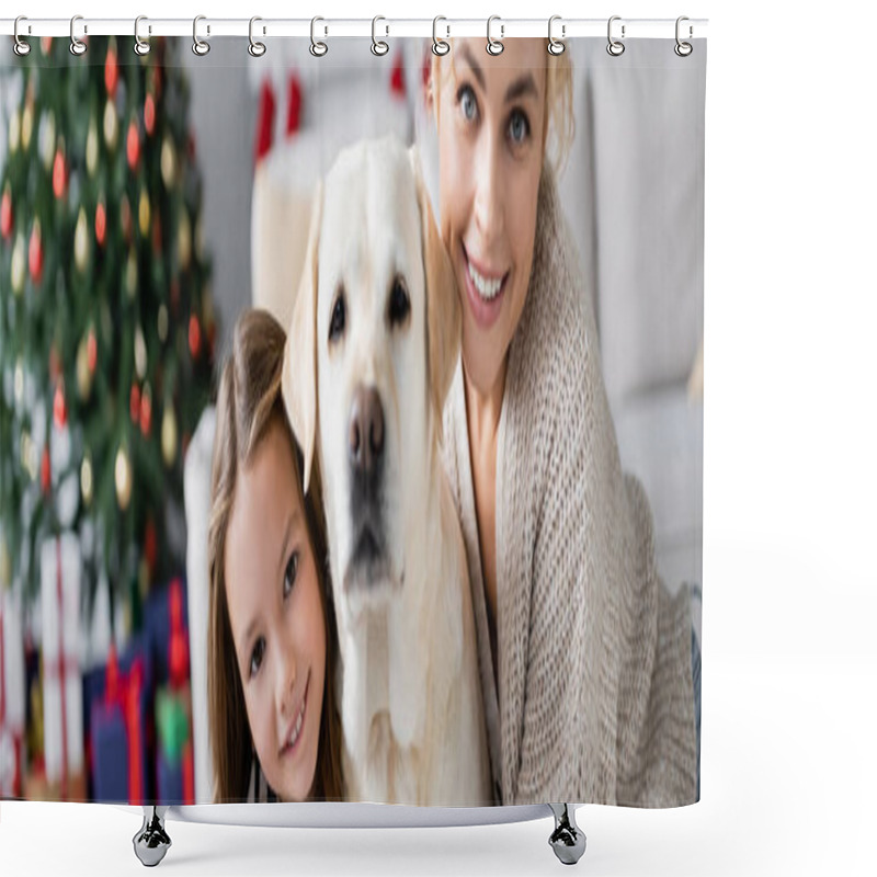 Personality  Woman And Daughter Looking At Camera Near Labrador During New Year At Home, Banner  Shower Curtains