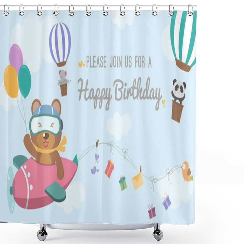 Personality  Plane Balloon Birthday Card Template Vector/illustration,Birthday Greeting Cards With Cute Animals. Funny Animals On Plane Balloon,Vector Illustration. Shower Curtains