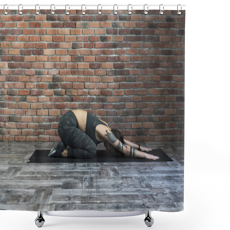 Personality  Tattooed Female Doing Exercises Indoors, Sporty Woman Practicing Yoga Shower Curtains