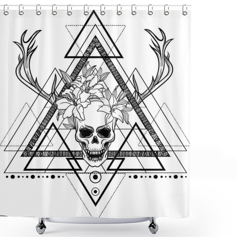 Personality  Blackwork Tattoo Flash. Dreamcatcher With Human Skull,lily Flover And Deer Antlers.Vector.Tattoo, Mystic Symbol. Sacred Geometry Dotwork.Boho Hipster Design.Navajo Jewelry Decorations.T-shirt Print Shower Curtains