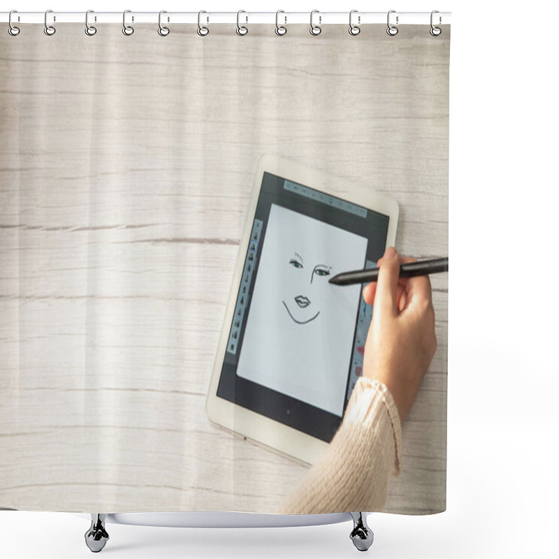 Personality  Young Creative Designer Holding Stylus Pen Drawing On Screen Of Digital Tablet On Wooden Desk With Copy Space, Modern Digital Art Top View Space For Text Shower Curtains