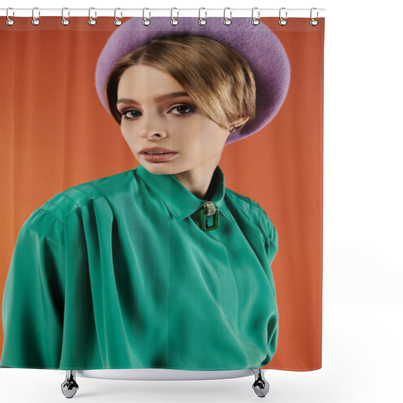 Personality  A Young Woman In A Vibrant Green Shirt And A Purple Beret Poses Against A Warm Orange Backdrop. Shower Curtains