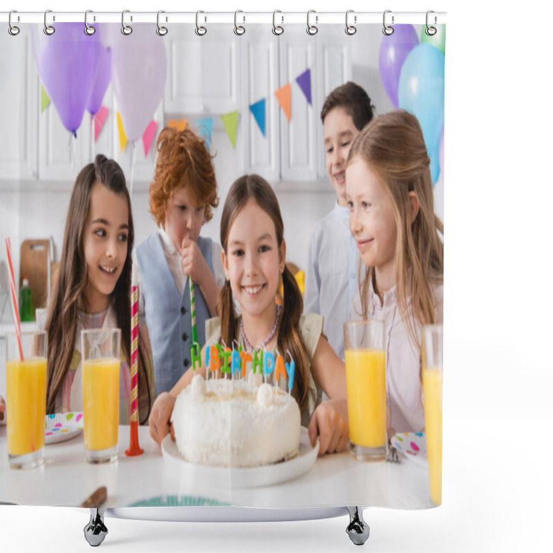 Personality  Group Of Happy Preteen Kids Celebrating Birthday Next To Tasty Cake During Party At Home Shower Curtains