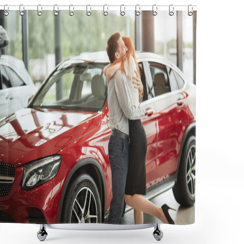 Personality  Couple Hugging While Buying First New Family Car Together In Dealership. Shower Curtains