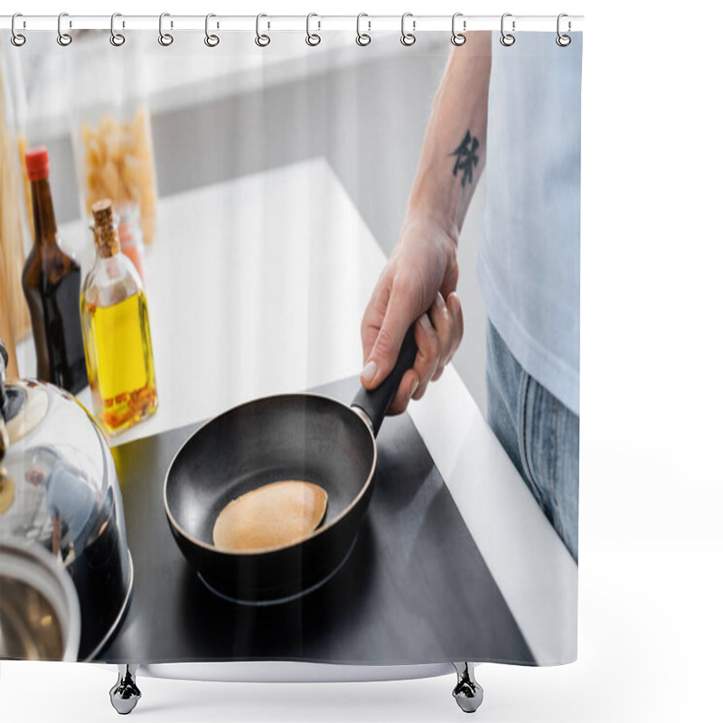 Personality  Cropped View Of Man Cooking Pancake Near Oil And Kettle On Stove  Shower Curtains