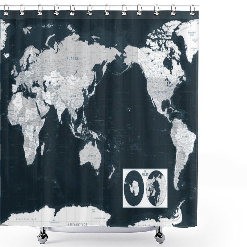 Personality  World Map - Pacific View - Asia China Center - Dark Black Grayscale Political - Vector Detailed Shower Curtains