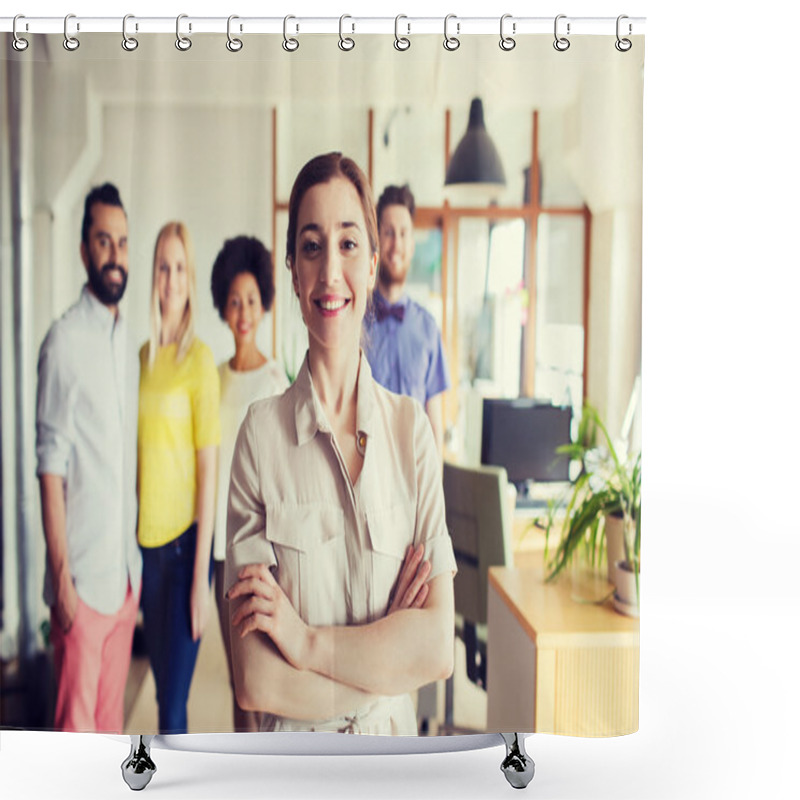 Personality  Happy Young Woman Over Creative Team In Office Shower Curtains