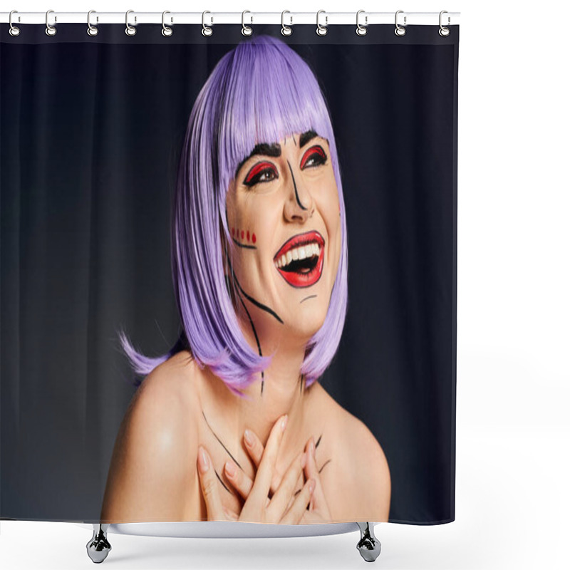 Personality  A Stylish Woman With Purple Hair And Pop Art Makeup Joyfully Smiles In A Comic-book Inspired Setting. Shower Curtains