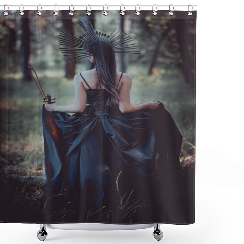 Personality  Back View Of Brunette Woman In Witch Costume Walking On Forest, Holding Violin Shower Curtains