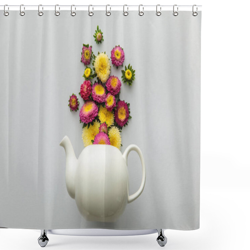 Personality  Top View Of Asters Above Teapot On White Background Shower Curtains