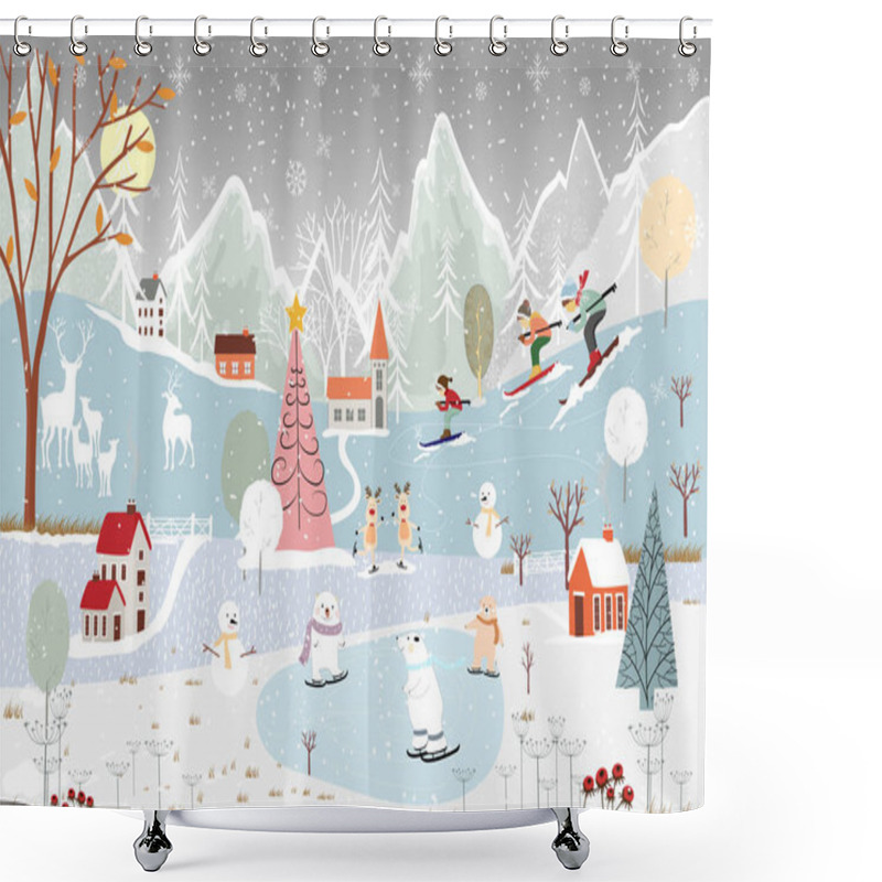 Personality  Illustrator Winter Landscape,Vector Of Horizontal Banner Of Winter Wonderland At Countryside With Snow Covering, Polar Bear Playing Ice Skates In The Winter Park And Family Skiing On The Mountain Shower Curtains