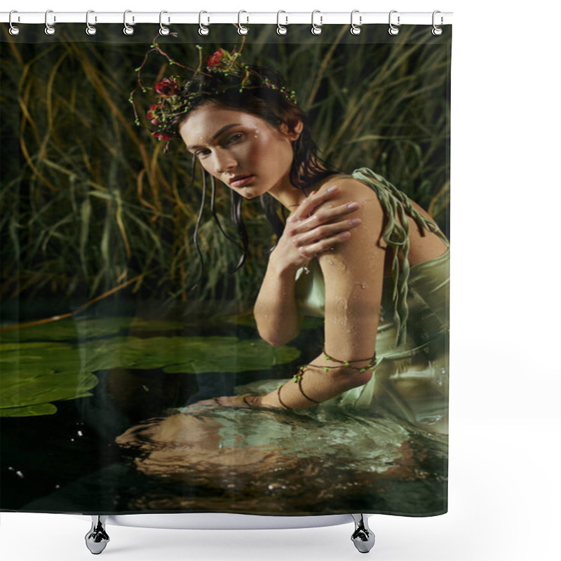 Personality  Woman In Floral Gown Poses By Moonlit Swamp. Shower Curtains