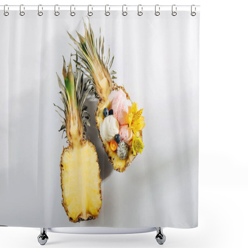 Personality  Balls Of Ice Cream Decoration Flowers And Berries In Halves Of  Pineapple. Summer Tropical Concept. Shower Curtains