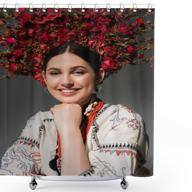 Personality  Portrait Of Smiling Ukrainian Woman In Traditional Clothes And Red Wreath With Flowers And Berries Isolated On Grey Shower Curtains