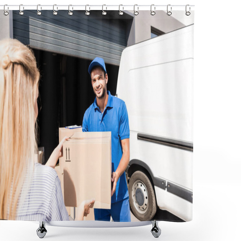 Personality  Courier Giving Package To Woman Shower Curtains