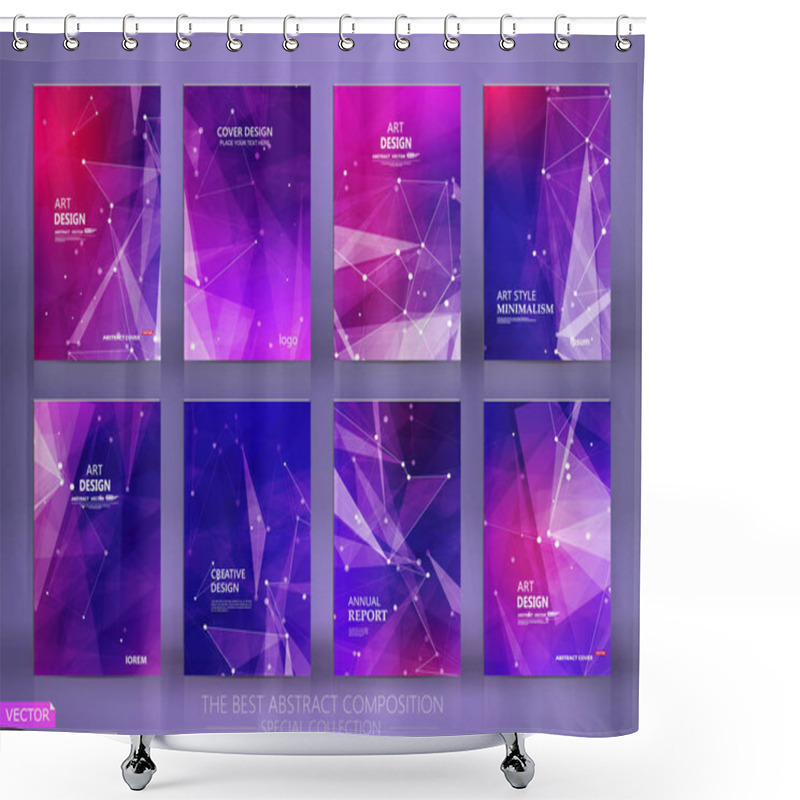 Personality  Abstract Composition. Purple A4 Brochure Cover Design. Patch Info Banner Frame. Text Font. Title Sheet Model Set. Modern Vector Front Page. Polygonal Texture. Colored Figure Image Icon. Ad Flyer Fiber Shower Curtains