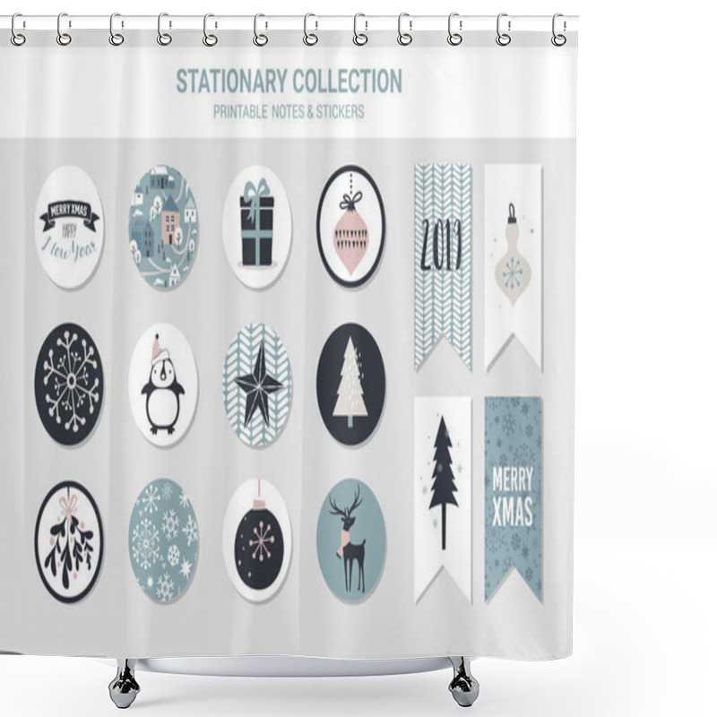 Personality  Hipster New Year And Merry Christmas Stationary Set. Vector Printable Cards, Stickers And Banners With Christmas Balls, Patterns, Tree, Snowflake, Etc. Shower Curtains