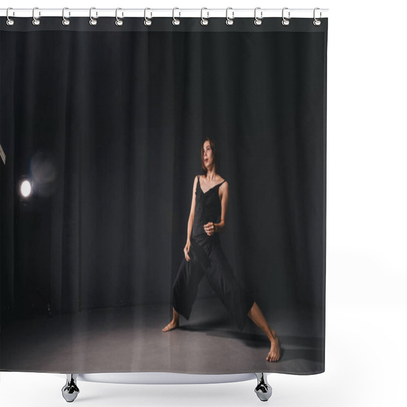 Personality  Portrait Of A Beautiful Woman Dancing On Black Background. Ballet And Contemporary Dancer Dancing On Dark Backdrop. Contemporary Art. Plastic And Flexible Girl In Black Clothes Posing On A Black Wall. Shower Curtains