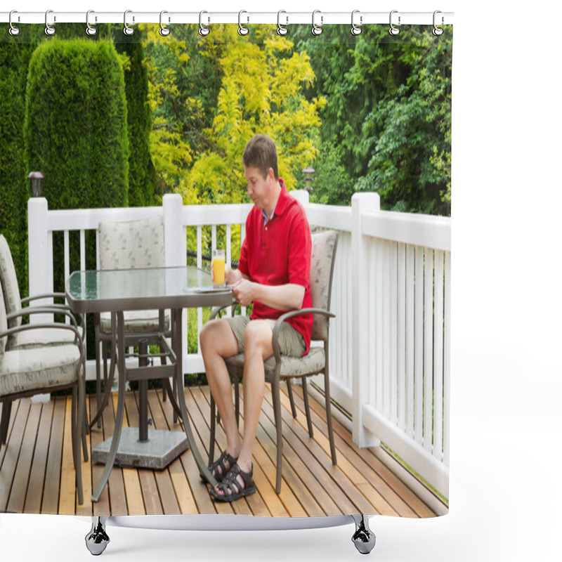 Personality  Mature Man Enjoying Orange Juice While Preparing To Read Outdoor Shower Curtains